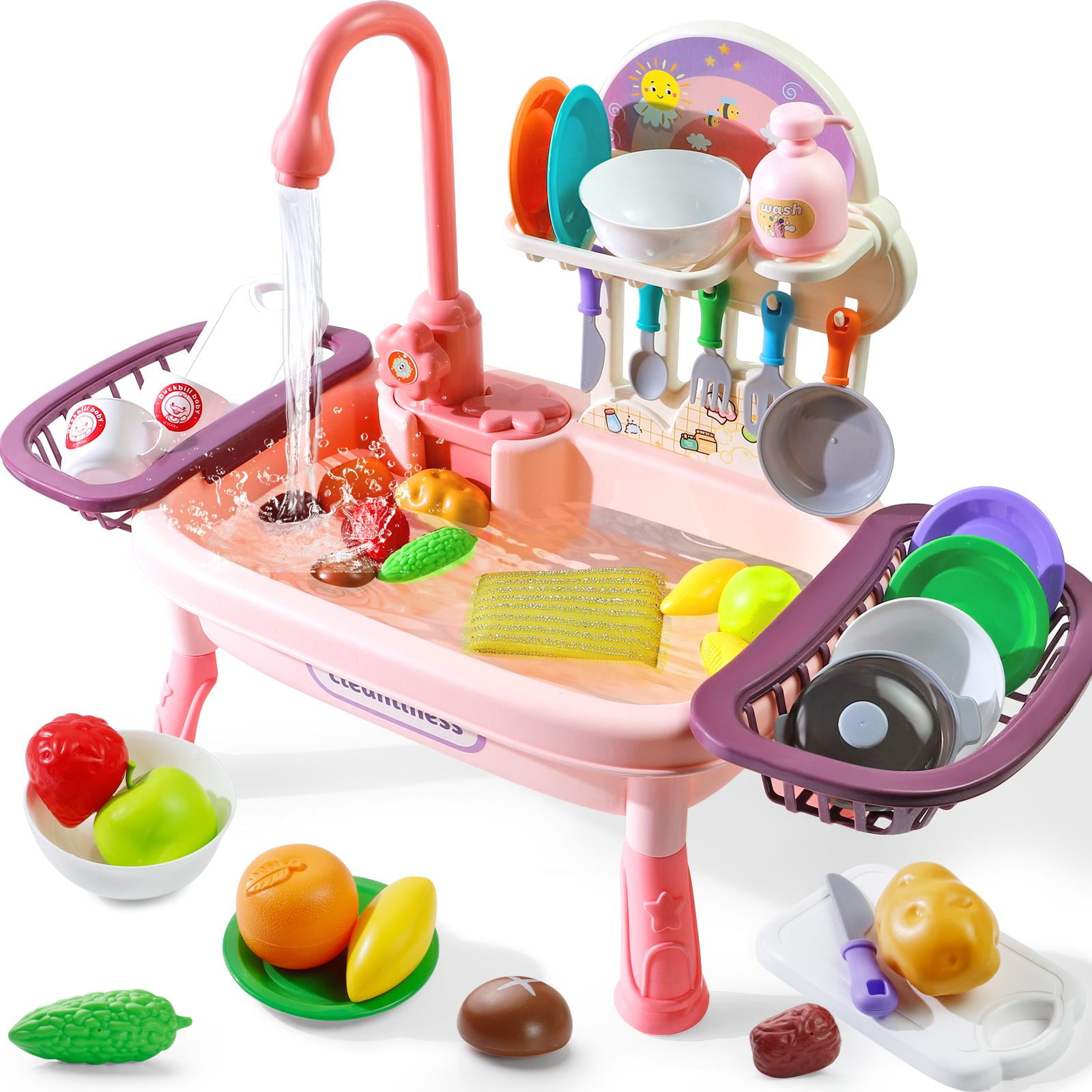 Play Kitchen Sink Toys for Kids with Running Water, Pretend Play Dishes, Realistic Role Play Kitchen Accessories,