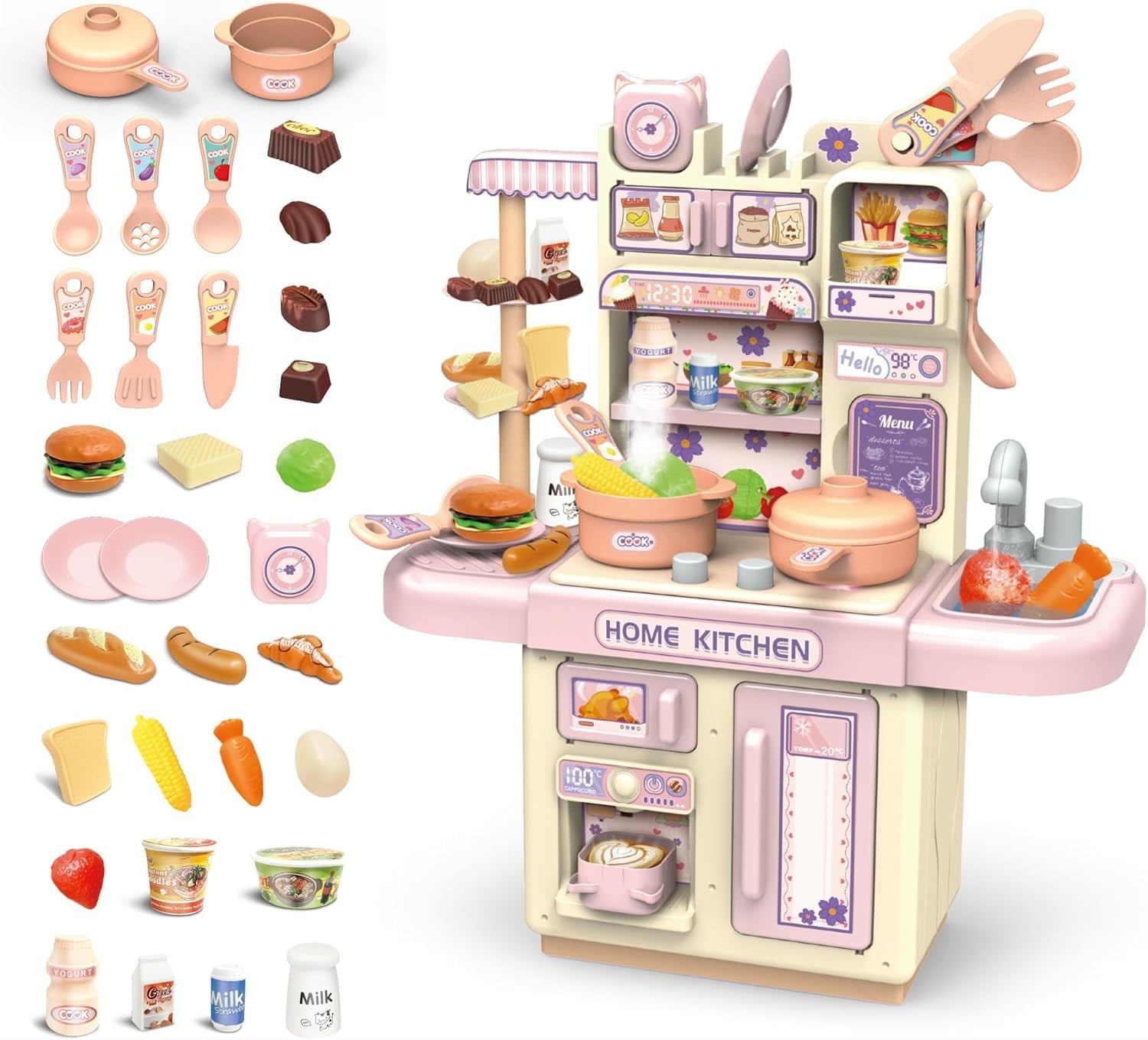 Play Kitchen Toys, Kids Kitchen Playset with Real Steam Sounds Lights, Kitchen Set Toy for Toddlers 1-3, Play Kitchen Accessories for Girls Boys Ages 2 3 4 5 6 Years