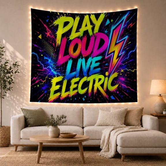 Play Loud Live Electric Text with Lightning Bolts on Black Energetic Digital Art for Gamers Neon Art Decor Birthday Gift Tapestry Wall Hanging for Gaming Room and Dorm