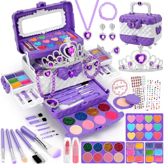 Aureyung 56 PCS Real Kids Makeup Kit with Jewelry Set, Washable Non-Toxic, Princess Toys for Girls Ages 3-12 , Purple