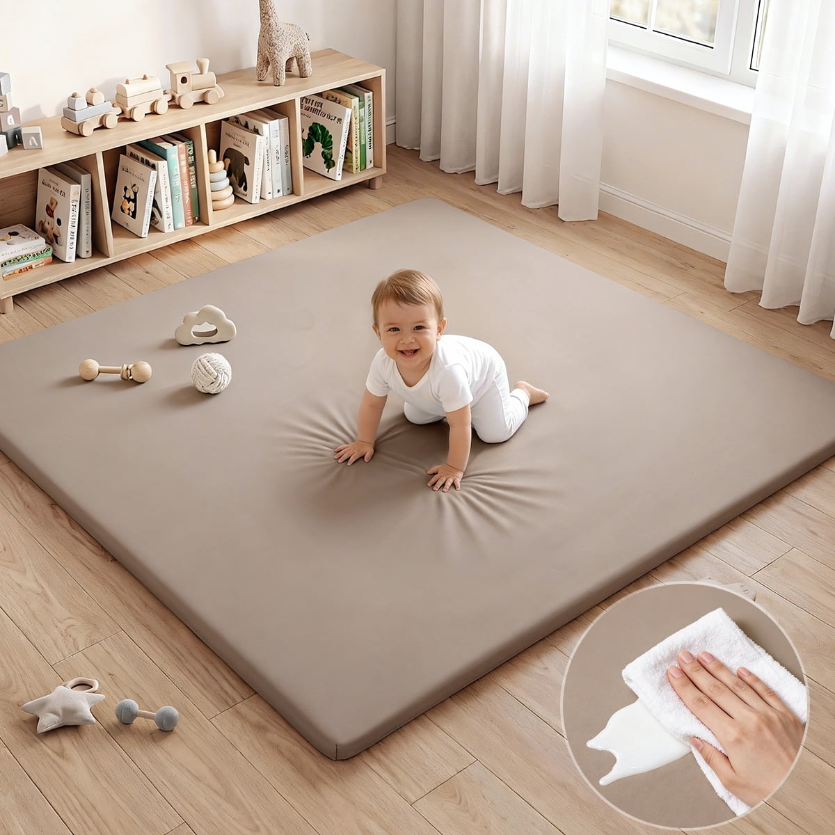 Baby Play Mat, Caveen Vegan Leather Baby Playpen Mat, Thicken Soft Crawling Mat for Infant, Wipe-Clean, 50"x 50", Taupe