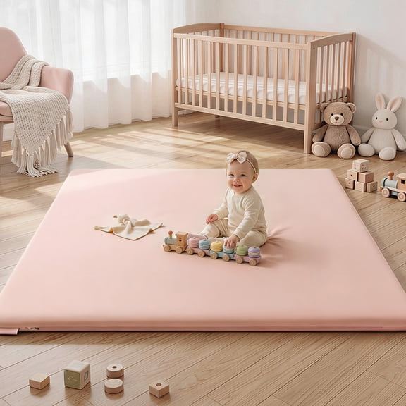 Baby Play Mat, Caveen Vegan Leather Baby Playpen Mat, Thicken Soft Crawling Mat for Infant, Wipe-Clean, 50"x 50", Pink