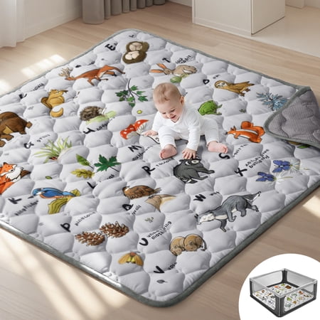 Baby Play Mat, Caveen Thicken Soft Cotton Baby Playmats, Foldable Anti-Slip Floor Crawling Playmat Playpen Mat for Infants and Toddlers, 50"x50", Light Grey