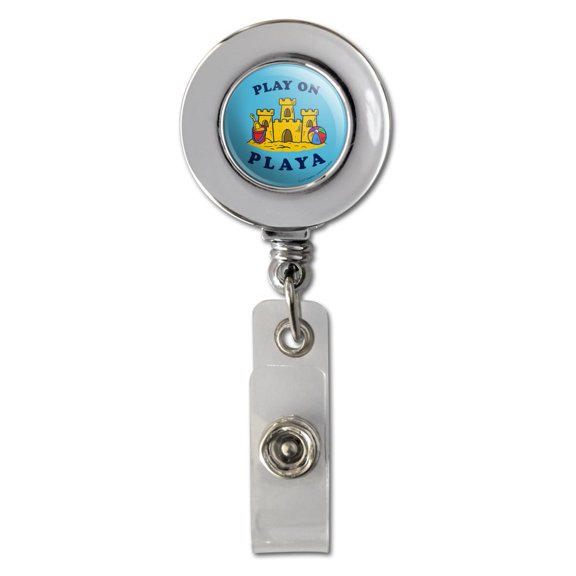 Play On Playa Player Sandcastle Funny Humor Retractable Reel Chrome Badge ID Card Holder Clip