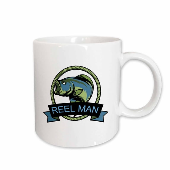 3drose, Play on Words Big Mouth Bass Reel Man in Blue and Green for Fishermen, 11oz Mug