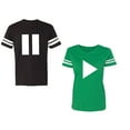 thumbnail image 1 of Play Pause Unisex Couple Matching Cotton Jersey style T-Shirt Contrasting stripes on sleeves (Men Black / Women Green) (Men XL / Women XL), 1 of 3
