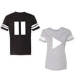 thumbnail image 1 of Play Pause Unisex Couple Matching Cotton Jersey style T-Shirt Contrasting stripes on sleeves (Men Black / Women Heather) (Men XXL / Women M), 1 of 3