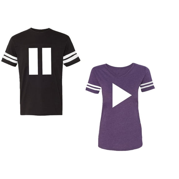 Play Pause Unisex Couple Matching Cotton Jersey style T-Shirt Contrasting stripes on sleeves (Men Black / Women Purple) (Men L / Women XXL)
