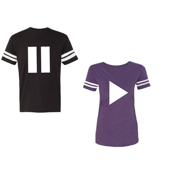Play Pause Unisex Couple Matching Cotton Jersey style T-Shirt Contrasting stripes on sleeves (Men Black / Women Purple) (Men XL / Women M)