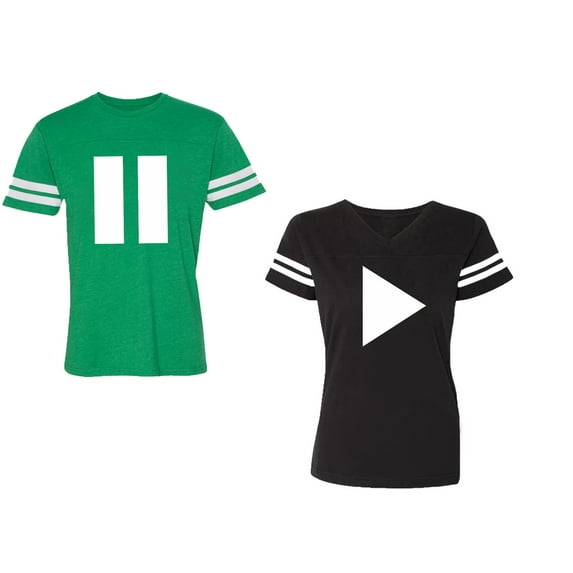 Play Pause Unisex Couple Matching Cotton Jersey style T-Shirt Contrasting stripes on sleeves (Men Green / Women Black) (Men S / Women S)