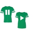 thumbnail image 1 of Play Pause Unisex Couple Matching Cotton Jersey style T-Shirt Contrasting stripes on sleeves (Men Green / Women Green) (Men XXL / Women S), 1 of 3
