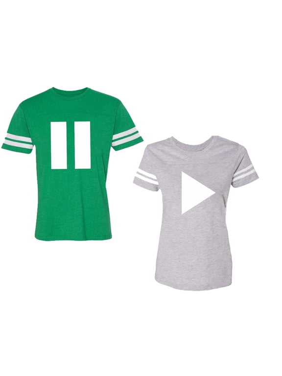 Play Pause Unisex Couple Matching Cotton Jersey style T-Shirt Contrasting stripes on sleeves (Men Green / Women Heather) (Men L / Women L)