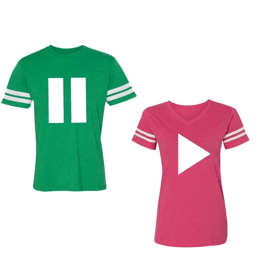 Play Pause Unisex Couple Matching Cotton Jersey style T-Shirt Contrasting stripes on sleeves (Men Green / Women Pink) (Men L / Women XXL)