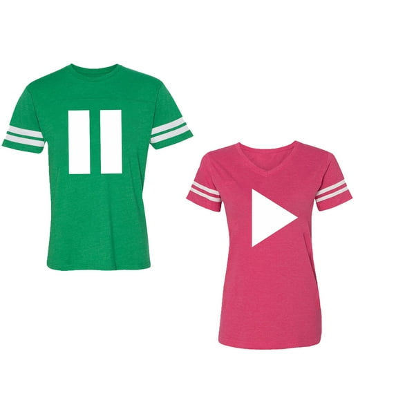 Play Pause Unisex Couple Matching Cotton Jersey style T-Shirt Contrasting stripes on sleeves (Men Green / Women Pink) (Men XXL / Women XXL)