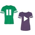 thumbnail image 1 of Play Pause Unisex Couple Matching Cotton Jersey style T-Shirt Contrasting stripes on sleeves (Men Green / Women Purple) (Men XXXL / Women XXL), 1 of 3