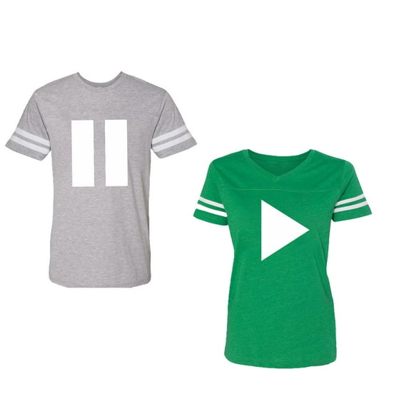 Play Pause Unisex Couple Matching Cotton Jersey style T-Shirt Contrasting stripes on sleeves (Men Heather / Women Green) (Men L / Women M)