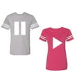 thumbnail image 1 of Play Pause Unisex Couple Matching Cotton Jersey style T-Shirt Contrasting stripes on sleeves (Men Heather / Women Pink) (Men XL / Women L), 1 of 3