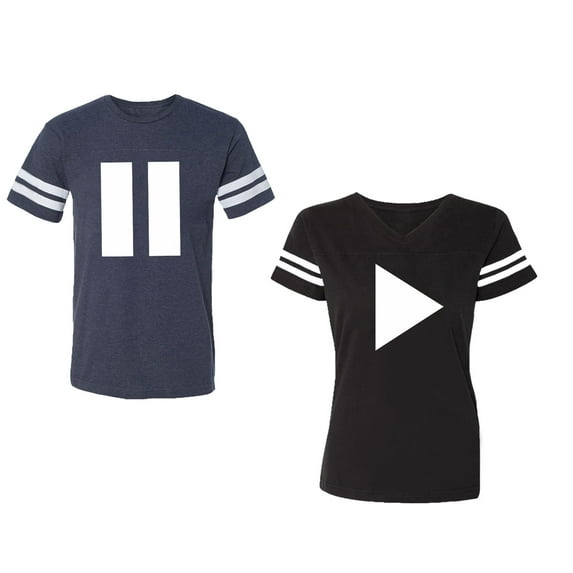 Play Pause Unisex Couple Matching Cotton Jersey style T-Shirt Contrasting stripes on sleeves (Men Navy / Women Black) (Men L / Women XXL)