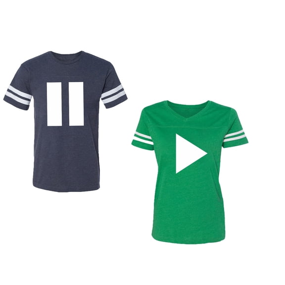 Play Pause Unisex Couple Matching Cotton Jersey style T-Shirt Contrasting stripes on sleeves (Men Navy / Women Green) (Men S / Women M)