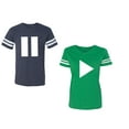 thumbnail image 1 of Play Pause Unisex Couple Matching Cotton Jersey style T-Shirt Contrasting stripes on sleeves (Men Navy / Women Green) (Men XXXL / Women XXL), 1 of 3