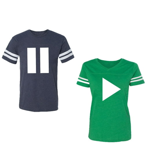 Play Pause Unisex Couple Matching Cotton Jersey style T-Shirt Contrasting stripes on sleeves (Men Navy / Women Green) (Men XXXL / Women XXL)