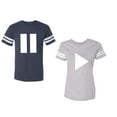 thumbnail image 1 of Play Pause Unisex Couple Matching Cotton Jersey style T-Shirt Contrasting stripes on sleeves (Men Navy / Women Heather) (Men S / Women XXL), 1 of 3