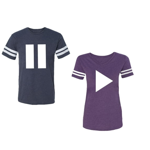 Play Pause Unisex Couple Matching Cotton Jersey style T-Shirt Contrasting stripes on sleeves (Men Navy / Women Purple) (Men S / Women M)