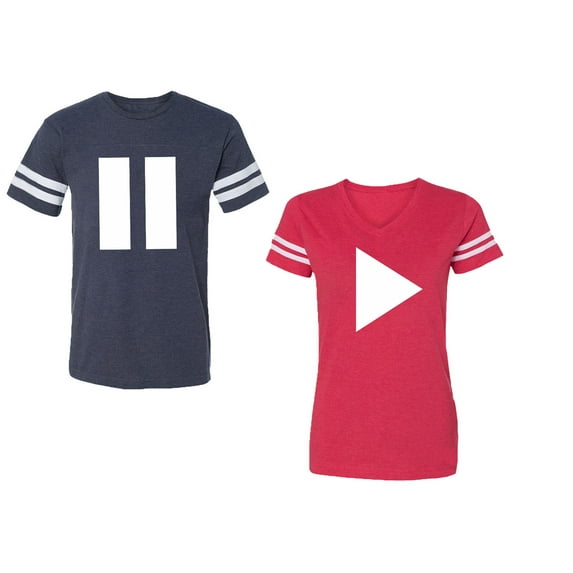 Play Pause Unisex Couple Matching Cotton Jersey style T-Shirt Contrasting stripes on sleeves (Men Navy / Women Red) (Men XL / Women XXL)