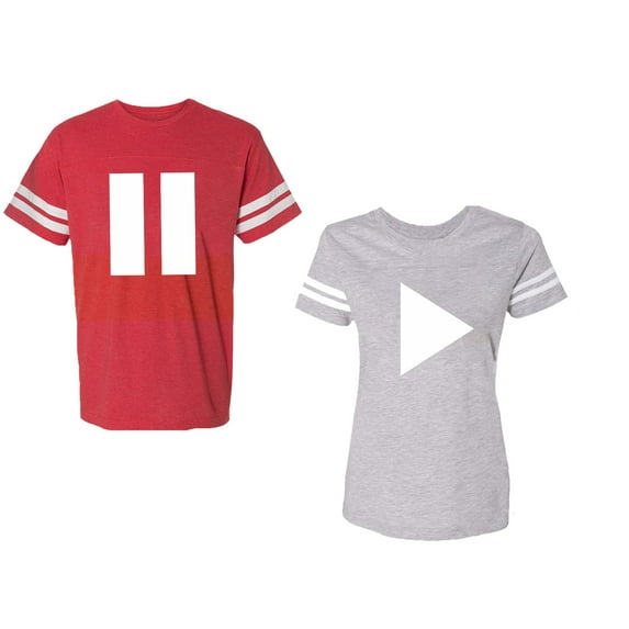 Play Pause Unisex Couple Matching Cotton Jersey style T-Shirt Contrasting stripes on sleeves (Men Red / Women Heather) (Men L / Women XXL)