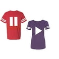 thumbnail image 1 of Play Pause Unisex Couple Matching Cotton Jersey style T-Shirt Contrasting stripes on sleeves (Men Red / Women Purple) (Men S / Women XXL), 1 of 3