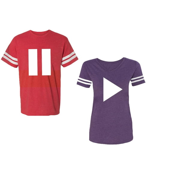 Play Pause Unisex Couple Matching Cotton Jersey style T-Shirt Contrasting stripes on sleeves (Men Red / Women Purple) (Men S / Women XXL)