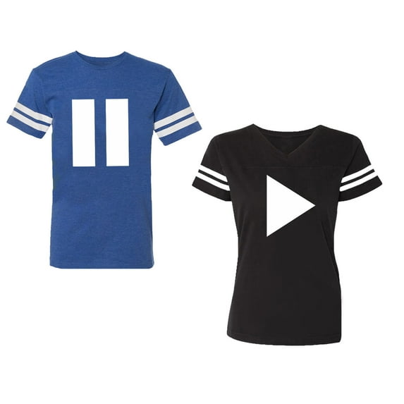 Play Pause Unisex Couple Matching Cotton Jersey style T-Shirt Contrasting stripes on sleeves (Men Royal / Women Black) (Men S / Women S)