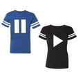 thumbnail image 1 of Play Pause Unisex Couple Matching Cotton Jersey style T-Shirt Contrasting stripes on sleeves (Men Royal / Women Black) (Men XXL / Women XL), 1 of 3