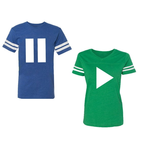 Play Pause Unisex Couple Matching Cotton Jersey style T-Shirt Contrasting stripes on sleeves (Men Royal / Women Green) (Men XXL / Women L)