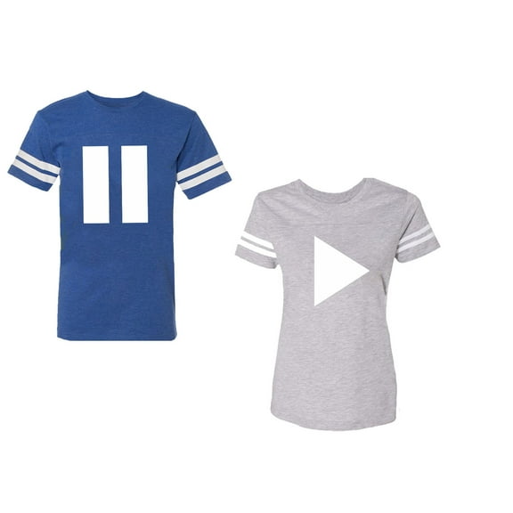 Play Pause Unisex Couple Matching Cotton Jersey style T-Shirt Contrasting stripes on sleeves (Men Royal / Women Heather) (Men L / Women XL)