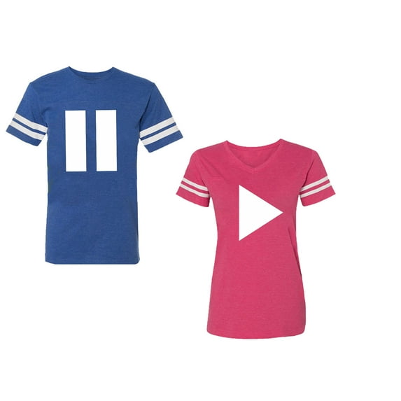 Play Pause Unisex Couple Matching Cotton Jersey style T-Shirt Contrasting stripes on sleeves (Men Royal / Women Pink) (Men L / Women M)