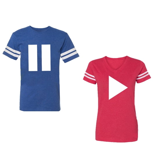 Play Pause Unisex Couple Matching Cotton Jersey style T-Shirt Contrasting stripes on sleeves (Men Royal / Women Red) (Men XL / Women S)
