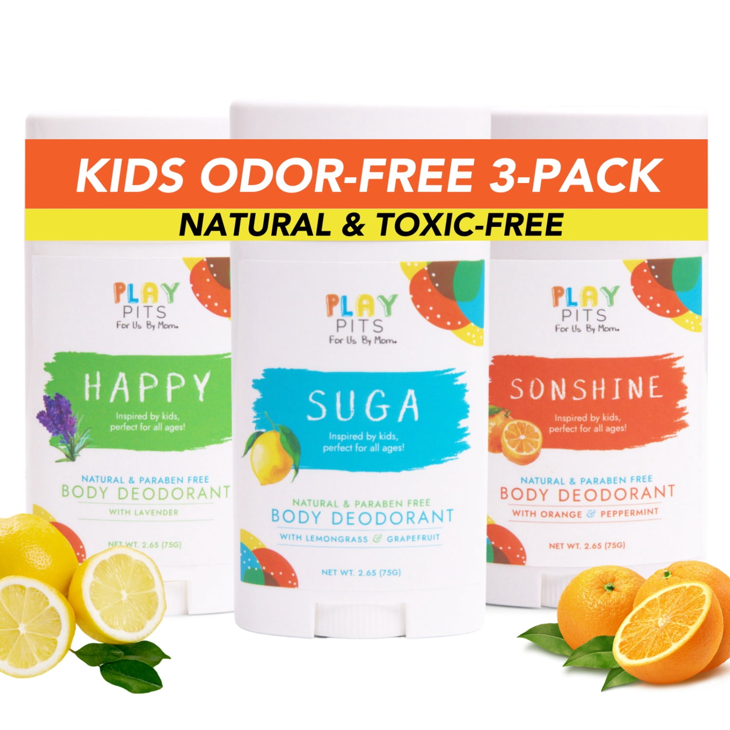 Play Pits – Natural Kids Whole Body Deodorant – Variety Pack – Infused W/Essential Oils -3pk