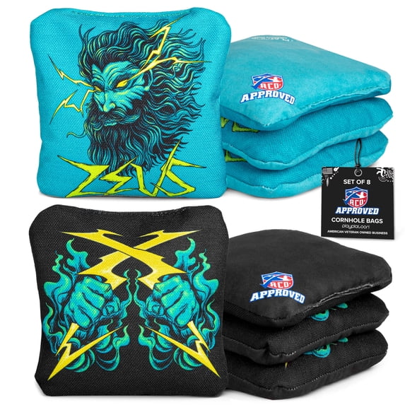 Play Platoon ACO Tournament Series Cornhole Bags Set of 8 - Pro Style Dual Sided Slick and Sticky Side Bean Bags for Corn Hole Toss Game - Competition Weight, Designed in USA - Black & Teal (Zeus)