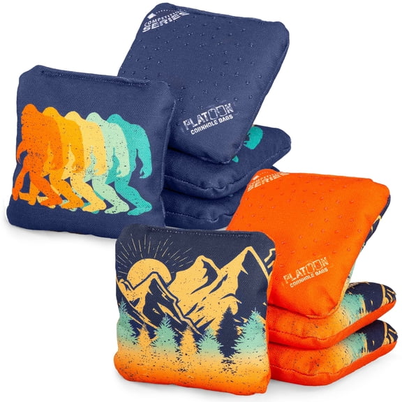 Play Platoon Competition Cornhole Bags Set of 8, Regulation Professional Weight Double Sided Slick and Sticky Defense Dot Pro Corn Hole Bean Bags, Resin Pellets - Sasquatch & Mountains Print