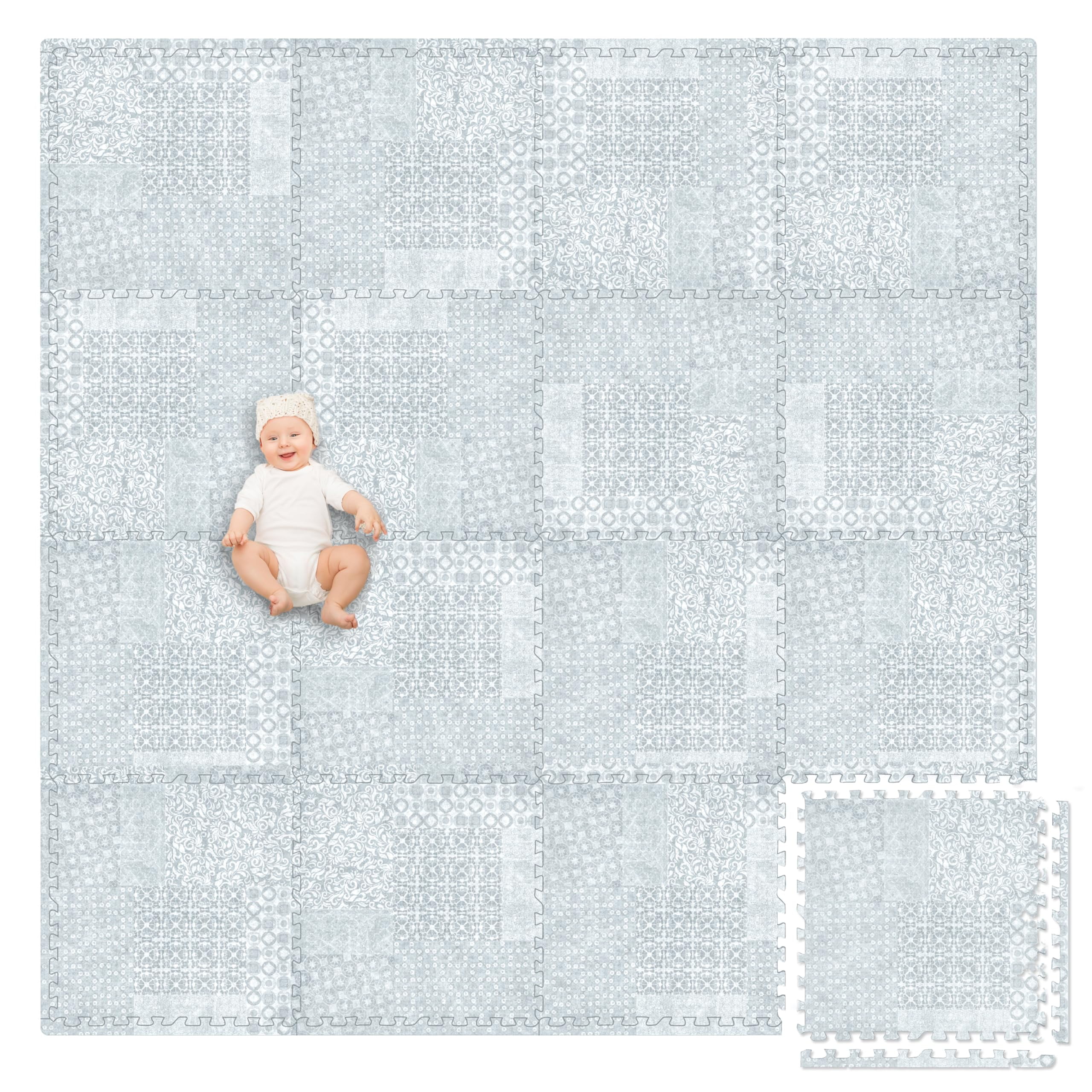 Play Platoon Non-Toxic Extra-Thick Children's Play Mat, 16 Tile - 96 x 96 inch Comfortable Cushiony Foam Floor Puzzle Mat for Kids & Toddlers with 24 x 24 inch Tiles - Grey, Boho Modern