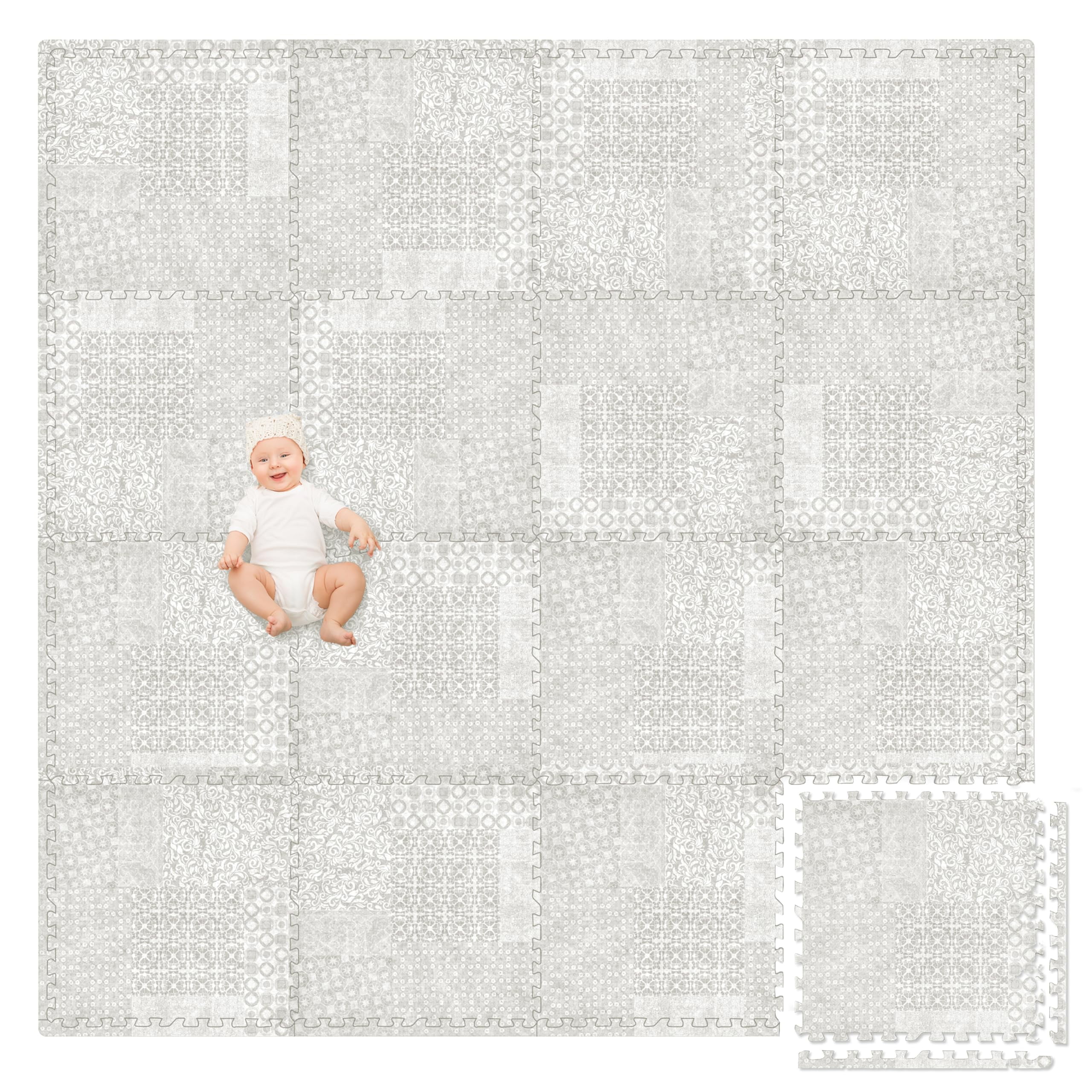 Play Platoon Non-Toxic Extra-Thick Children's Play Mat, 16 Tile - 96 x 96 inch Comfortable Cushiony Foam Floor Puzzle Mat for Kids & Toddlers with 24 x 24 inch 5/8 in Thick Tiles - Khaki, Boho Modern