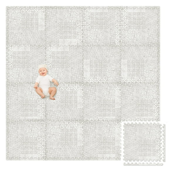 Play Platoon Non-Toxic Extra-Thick Children's Play Mat, 16 Tile - 96 x 96 inch Comfortable Cushiony Foam Floor Puzzle Mat for Kids & Toddlers with 24 x 24 inch Tiles - Khaki, Boho Modern