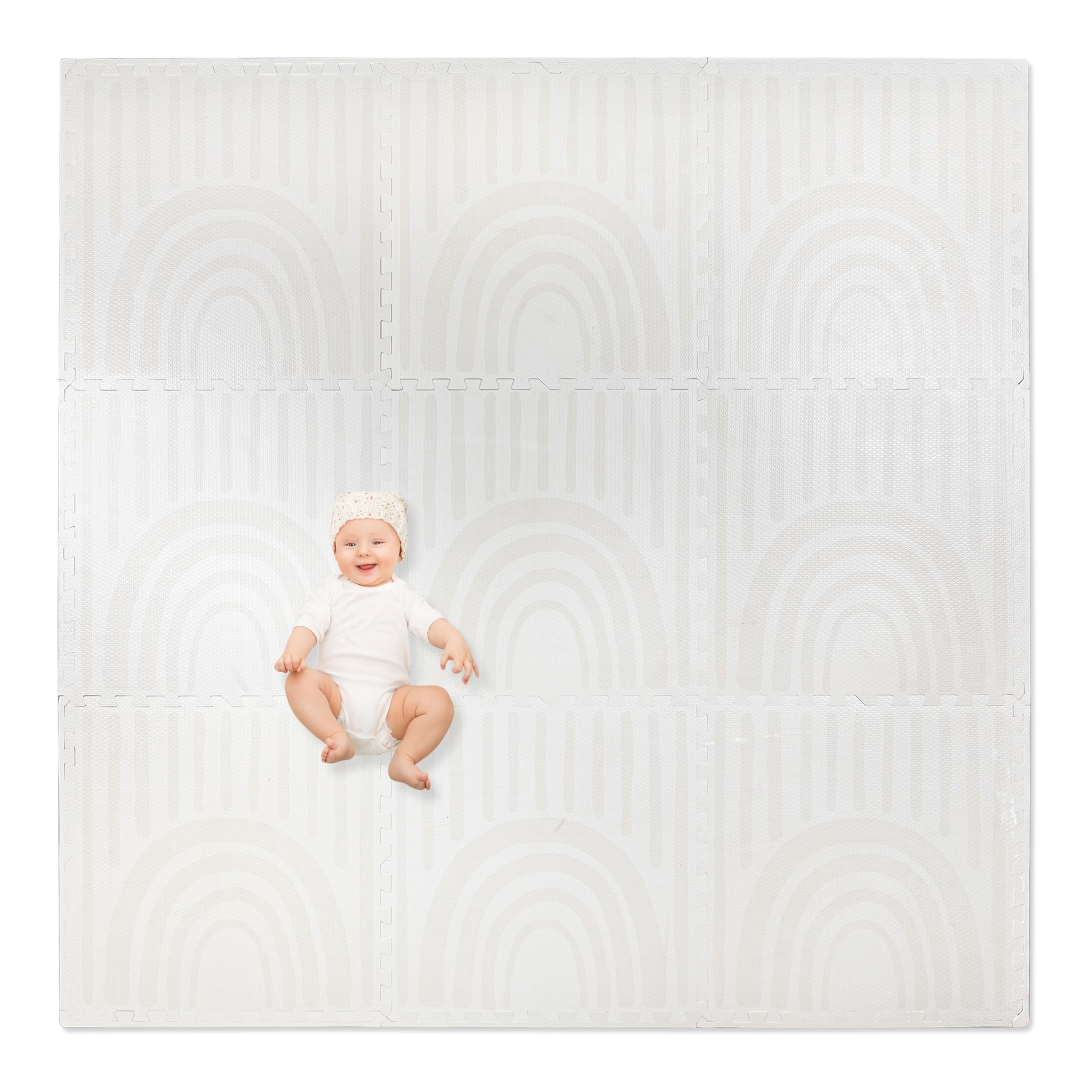 Play Platoon Non-Toxic Large Kids Play Mats for Floors, 9 Tile 72 x 72 inch - Extra-Thick Interlocking Comfortable Cushiony 24 x 24 in. Puzzle Mat with Border, Neutral Playmat Rug for Toddlers