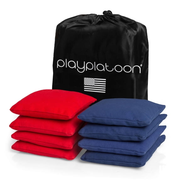 Play Platoon Weather Resistant Cornhole Bags - Set of 8 Regulation Corn Hole - Red & Navy Blue - Durable Duck Cloth Corn Hole for Tossing Game, Includes Tote Bag
