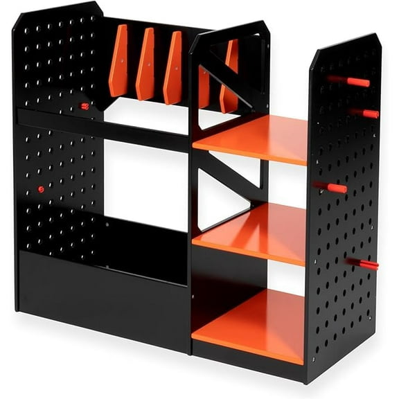 Play Platoon Storage Rack for Nerf Gun Storage & Nerf Accessories, Sturdy Wood Construction, Dart Holder & 6 Gun Holder for Wall with Pegboard Wall Organizer, Includes 20 Pegs