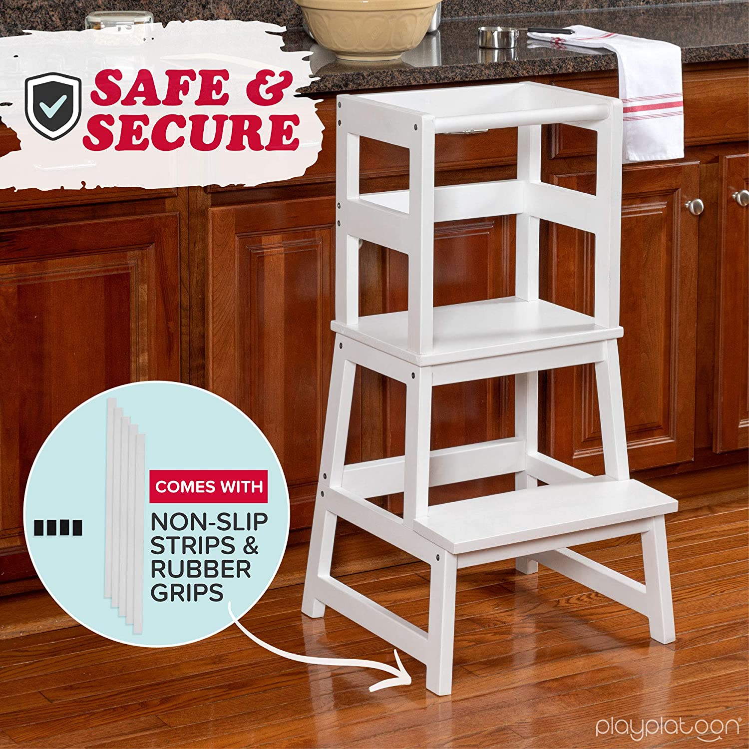 Play Platoon Toddler Kitchen Stool White Wooden Step Stool Tower for