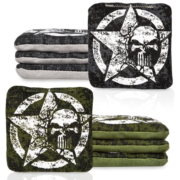 Play Platoon Pro Cornhole Bags Set of 8 - Professional Dual Sided Slick and Sticky Side Competition Corn Hole Bags - Tournament Series 4 Green & 4 Gray Star Skulls