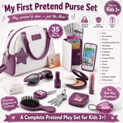 Play Purse for Girls and Toddlers - Realistic Purse and Complete Set of Pretend Play Accessories Including Toy Phone, Wallet, Credit Cards, Keys, Makeup for Role Playing Ages 3 4 5 6 7 8 Years and up