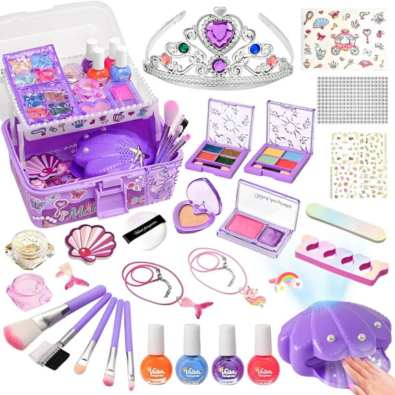 Syenll Kids Nail Polish Kit for Girls, Washable Makeup Set Mermaid Jewelry Kit with Nail Dryer, Princess Cosmetic Set Birthday Gifts for Little Girls, Purple